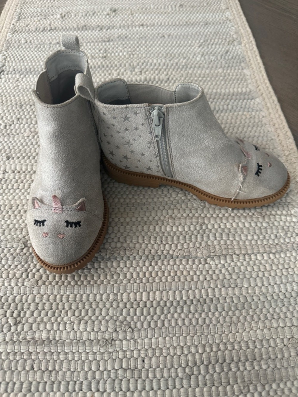 Grey Suede Unicorn Ankle boots with silver stars and side zip size 12